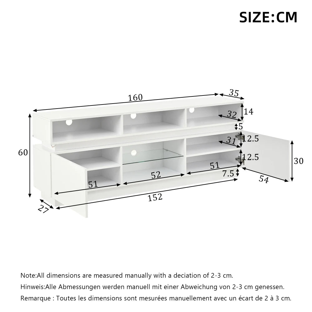 160*35*60cm TV Stand, High Gloss LED TV Cabinet with Tempered Glass Sheet