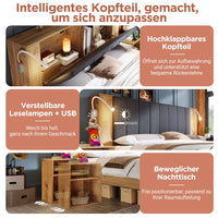 Double Wooden Bed with Folding Headboard, Linen