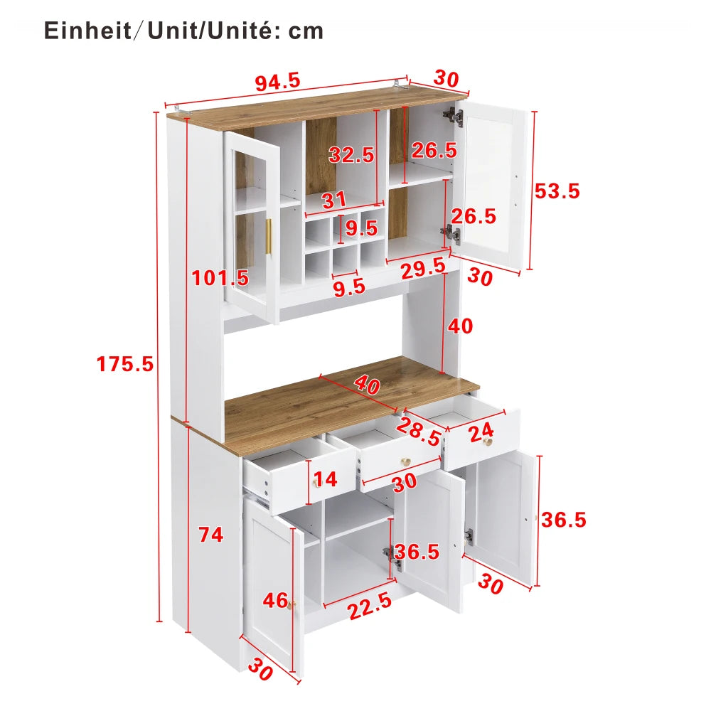 94.5x30x175.5cm Sideboard, High Cabinet in White Wood, Cabinet with 5 Doors