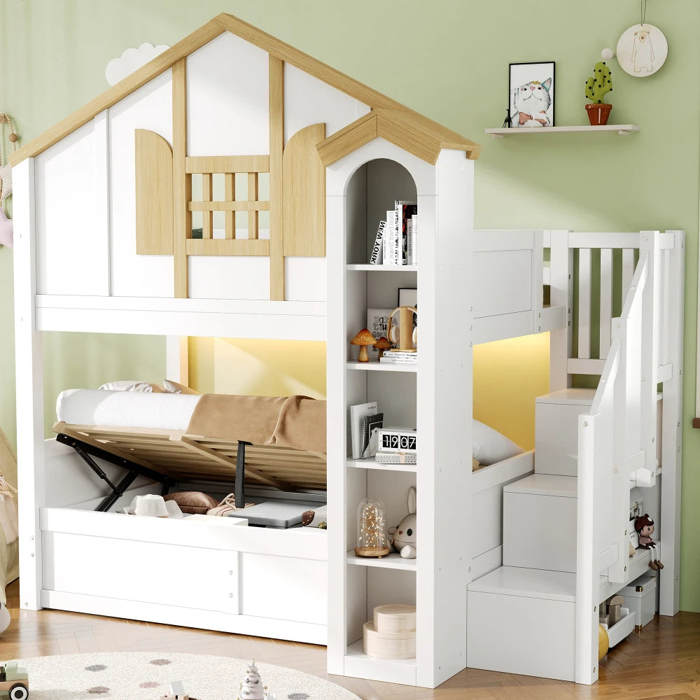 90x200+90x200cm Solid Wood Kids House Bunk Bed, Hydraulic Underbed Design