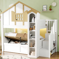 90x200+90x200cm Solid Wood Kids House Bunk Bed, Hydraulic Underbed Design
