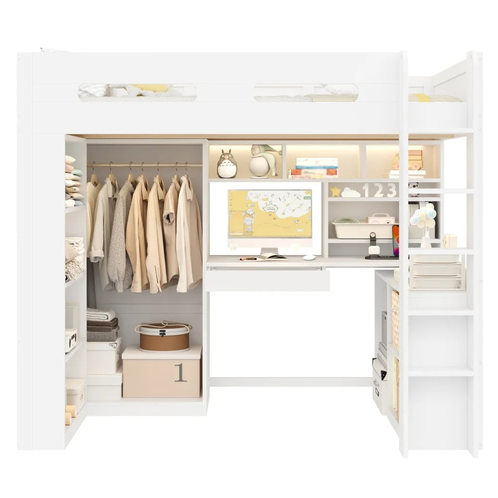 90x200cm White High Bed Frame, Loft Bed with Under‑Bed Desk