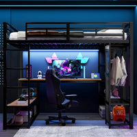 140x200cm Metal High Bed with Storage and Open Wardrobe