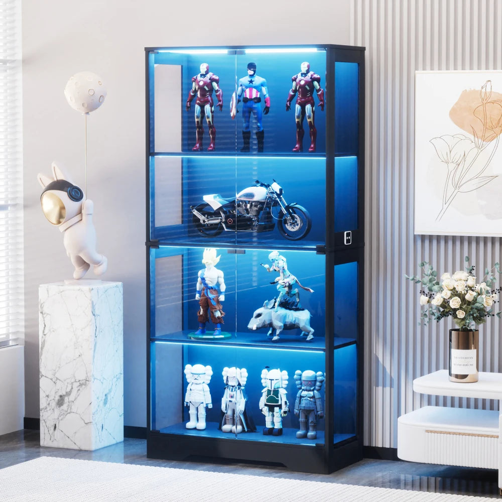 Four-storey Glass Showcase with Storage Space, LED Lighting