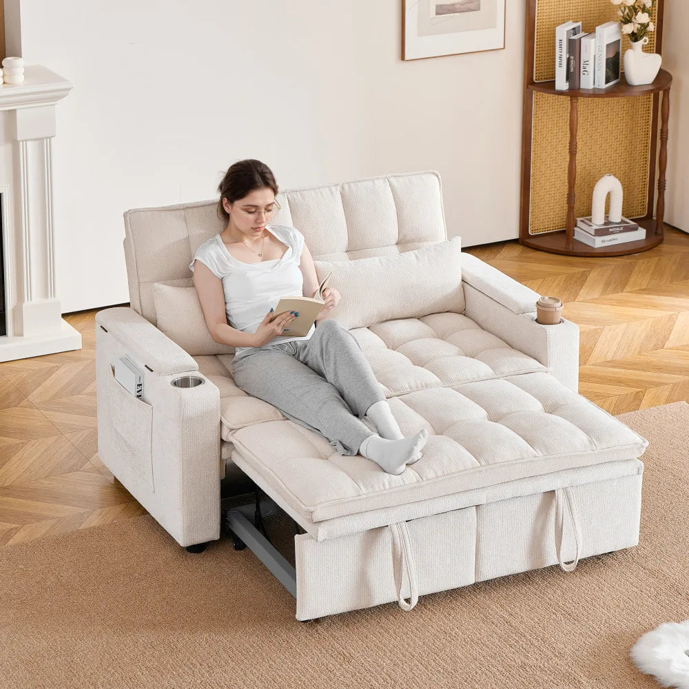 142cm Wide 3‑in‑1 Reclining Convertible Sofa Bed