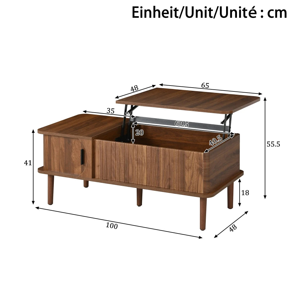 Living Room Coffee Table with Sliding Door & Wooden Legs