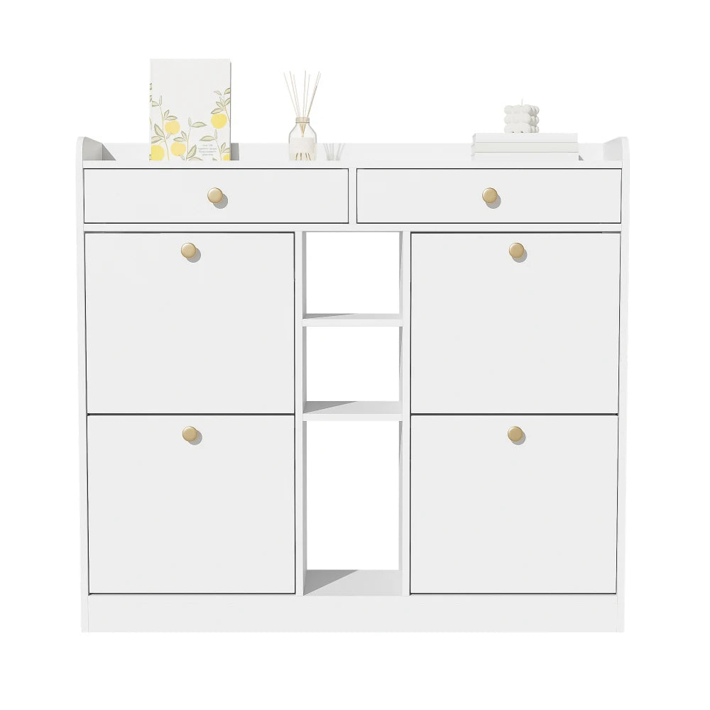 Elegant White Shoe Cabinet with 4 Folding Doors, 2 Drawers