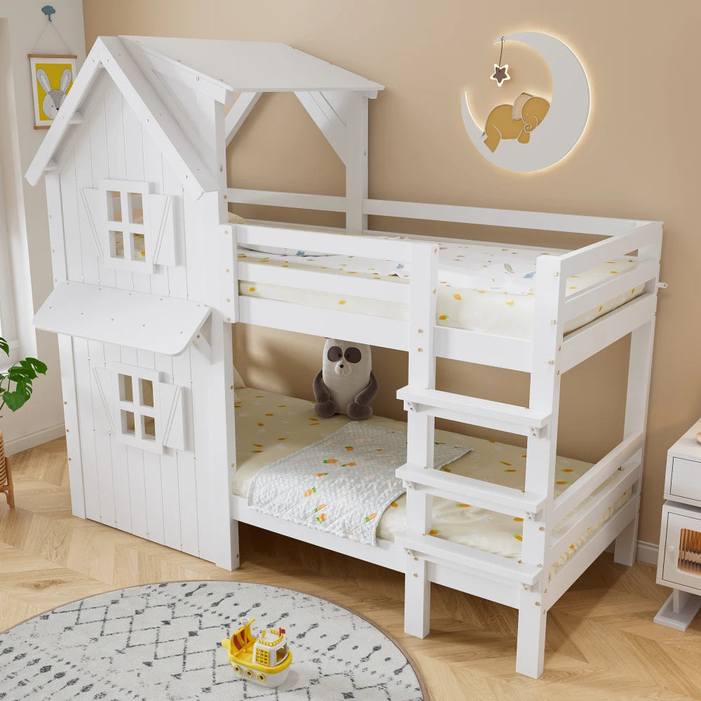 90x200cm Children's Bunk Bed, Beautiful Window and Roof