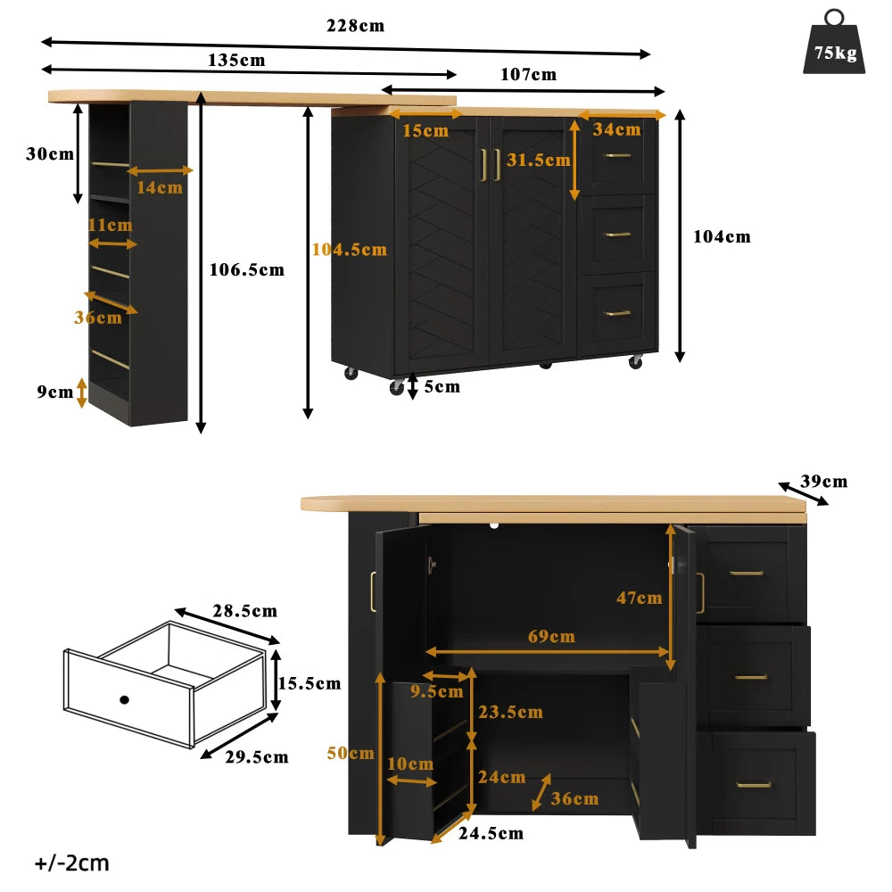 135-228x39x104cm Extendable Bar Cart with 2 Doors & 3 Drawers, Rollable