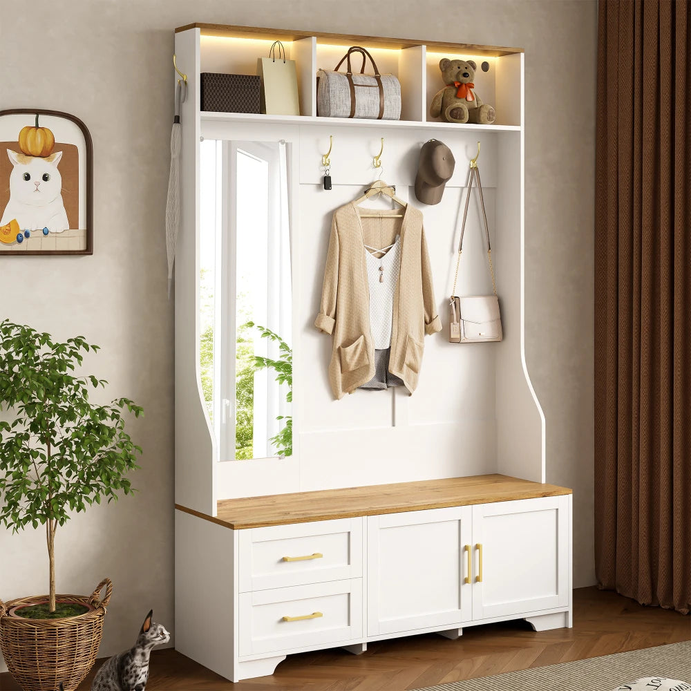 Multifunctional Shoe Cabinet with LED Lighting, Mirror, Hooks and Drawers