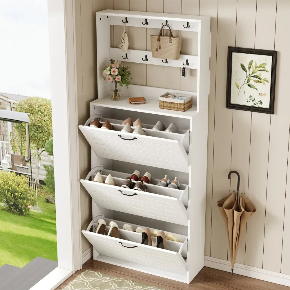 Shoe Cabinet with 3 Doors, Shoe Rack, Shoe Cabinet with Hooks
