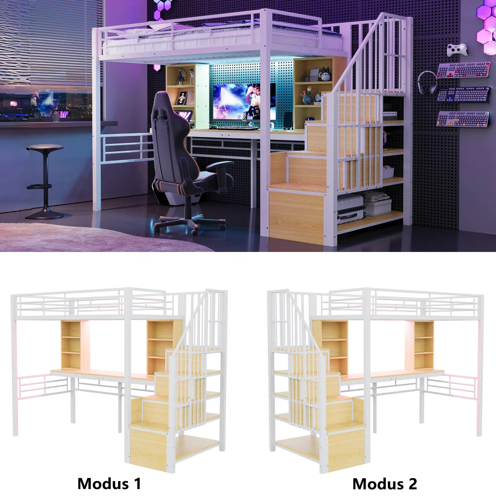 High Bed 90×200cm, with Shelf, Desk, Socket and LED Lighting