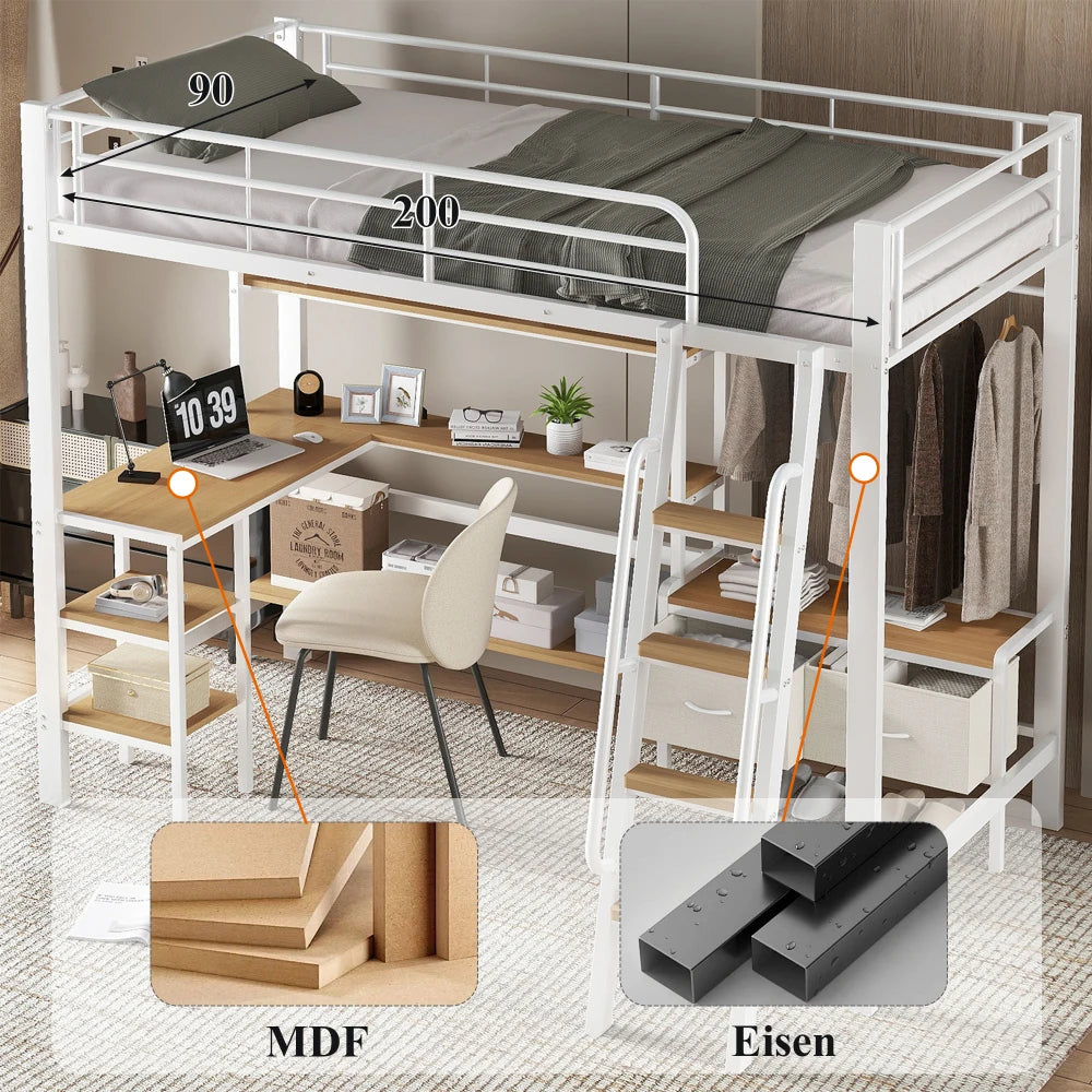 Iron Bed, Bunk Bed, Including Two Storage Boxes, with Desk and Storage Rack