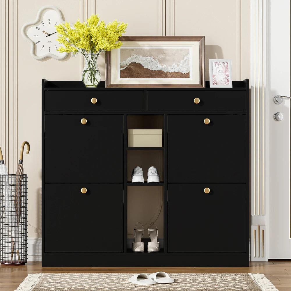 110 X 26 X 100cm Shoe Cabinet with 4 Folding Doors, 2 Drawers