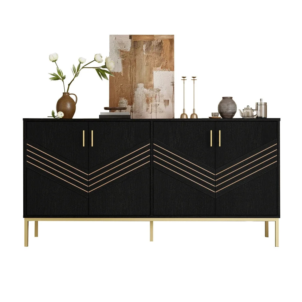 Modern Sideboard with 4 Doors Stylish Design in Black Gold Body with Metal Legs