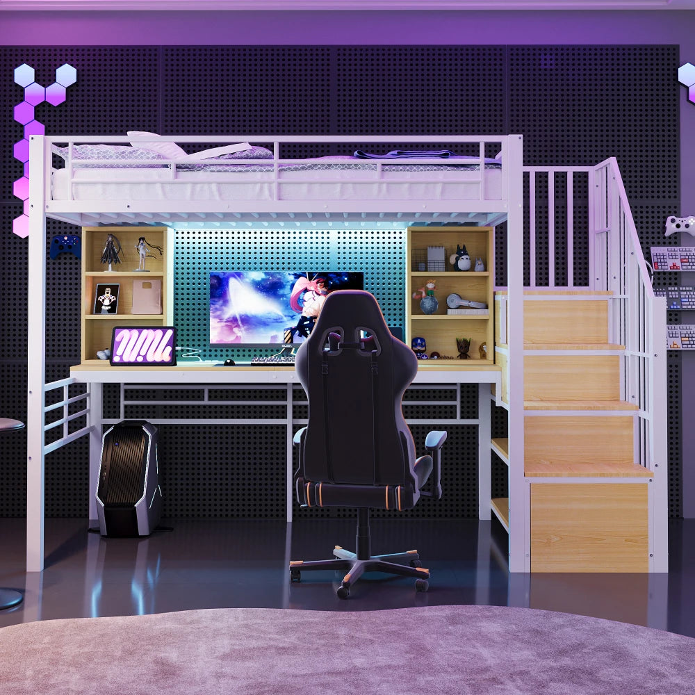High Bed 90×200cm, with Shelf, Desk, Socket and LED Lighting