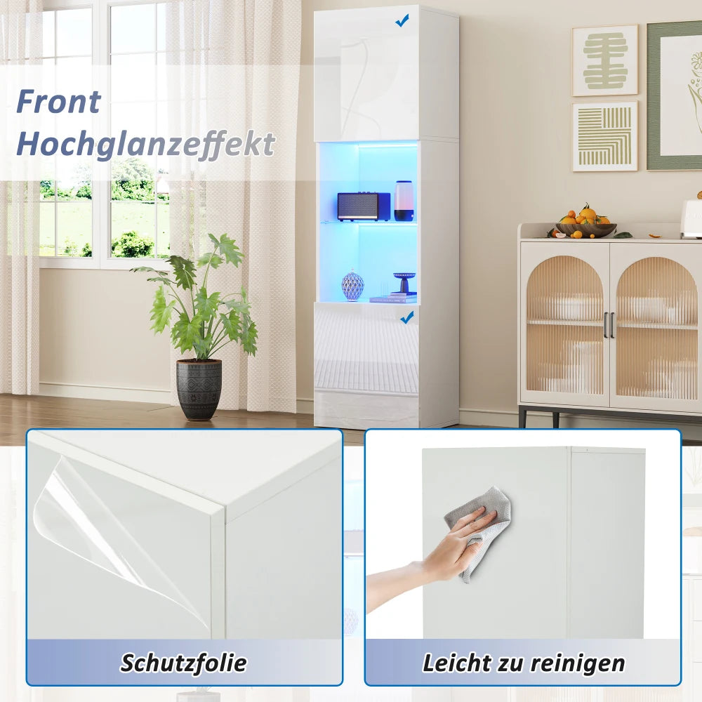 45×35×160cm High-gloss Display Cabinet with LED Lighting, 1 Glass Floor