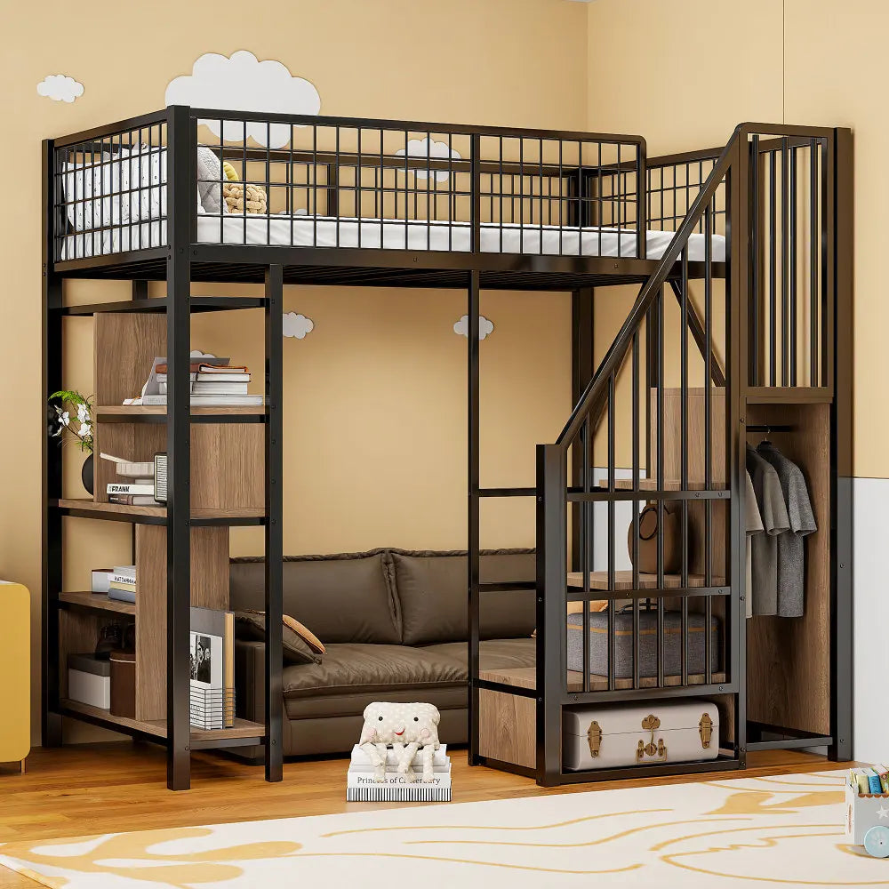 Modern Multifunctional High Bed 90 X 200cm, Metal Bed with Storage Space