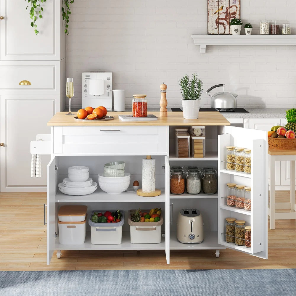 132.5*44(70)*90cm Mobile Kitchen Table, with Folding Worktop and Spice Rack