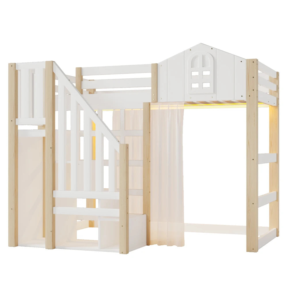 Højseng til børneværelset 90x200 cm med LED og tyl