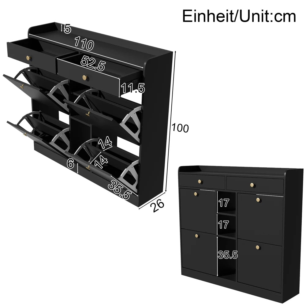 110 X 26 X 100cm Shoe Cabinet with 4 Folding Doors, 2 Drawers