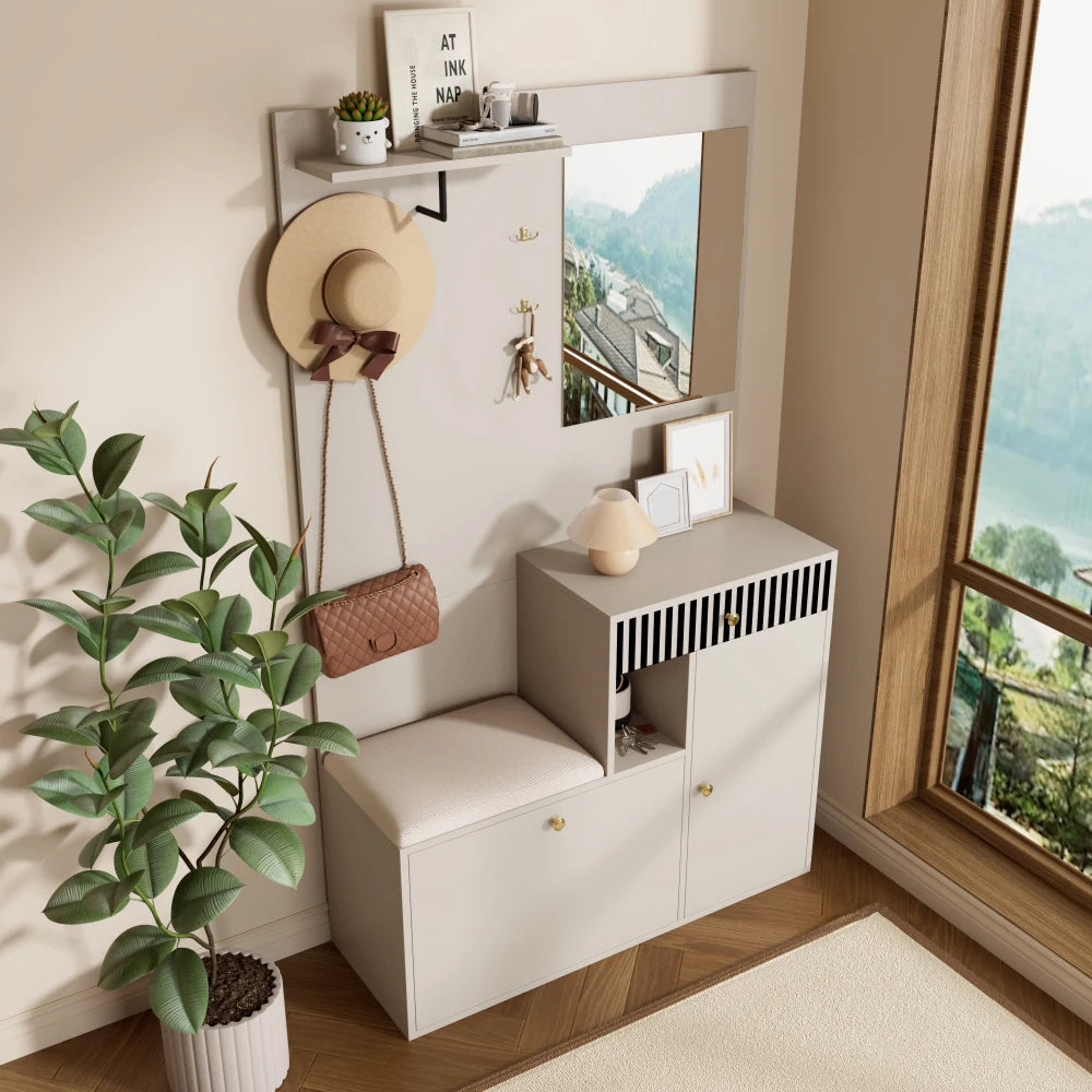 Wardrobe Set, Hallway Wardrobe with Mirror and Cushions, Living Wall, Shelf