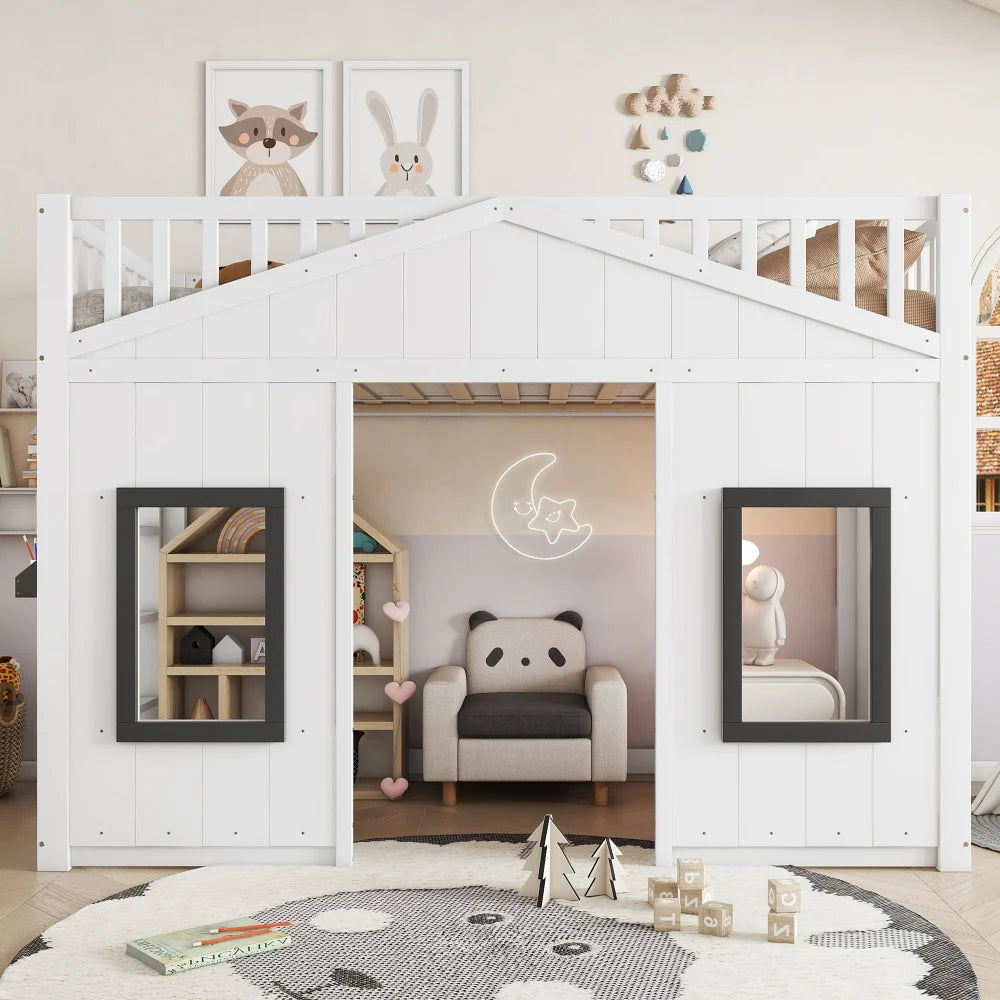 Modern Kids 90x200cm House Bunk Bed Pine Wood Frame with Stairs Window Parachute