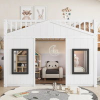 Modern Kids 90x200cm House Bunk Bed Pine Wood Frame with Stairs Window Parachute