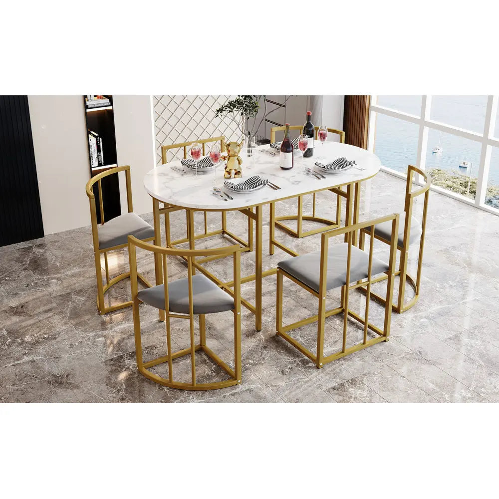 Six-Chair Dining Table Set:(White Table