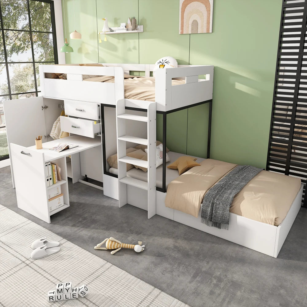 Bunk Bed with Pull-out Desk and Wardrobe, Multifunctional Kid Bed