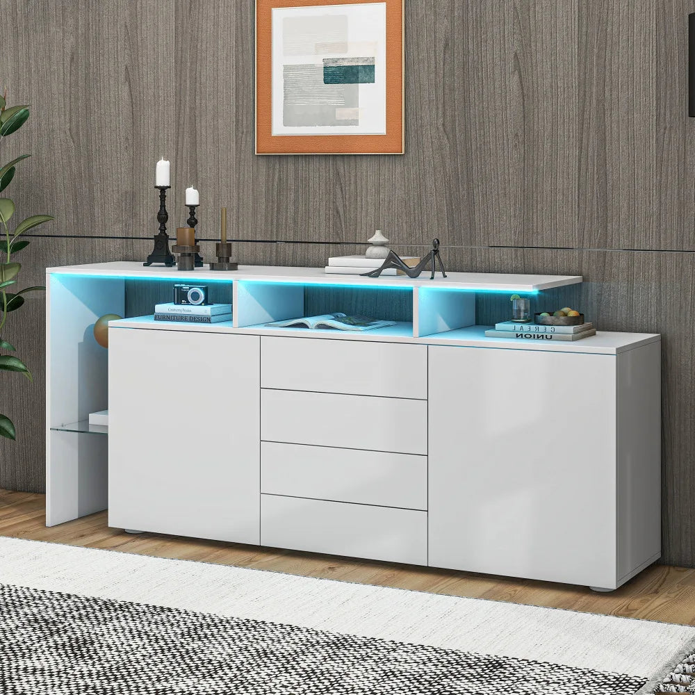 Living Room Sideboard with LED, Living Room Furniture in White High Gloss