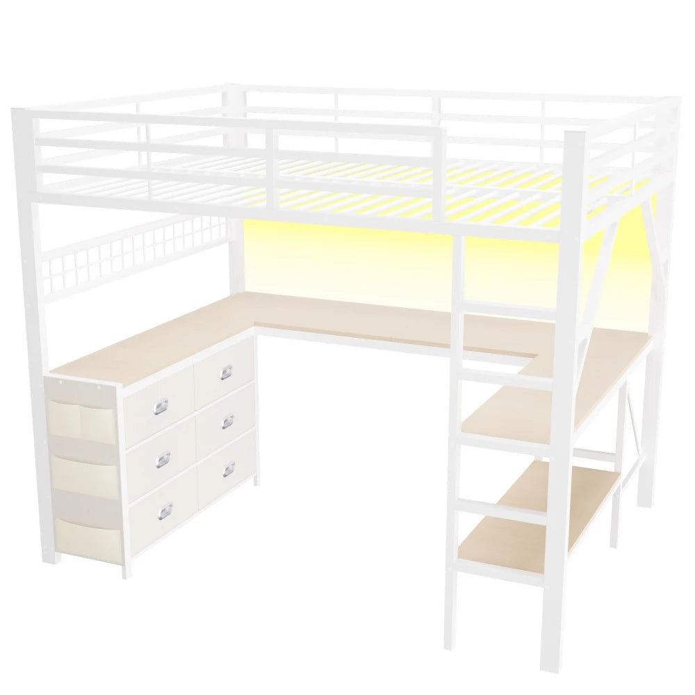 90x200cm & 140x200cm Metal Gaming High Bed Frame, Loft Bed with Drawers