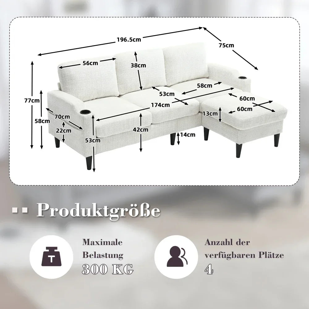 4-seater Elegant Sofa with Stool and Storage with Comfortable Armrests
