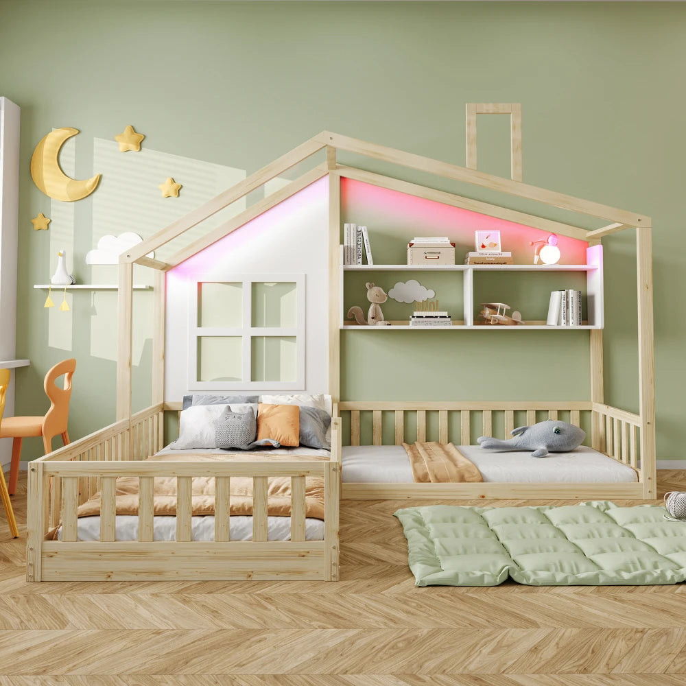 90x200cm (140x70cm) Bed with Window Shelves, LED Light Strip