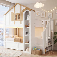 90x200+90x200cm Solid Wood Kids House Bunk Bed, Hydraulic Underbed Design