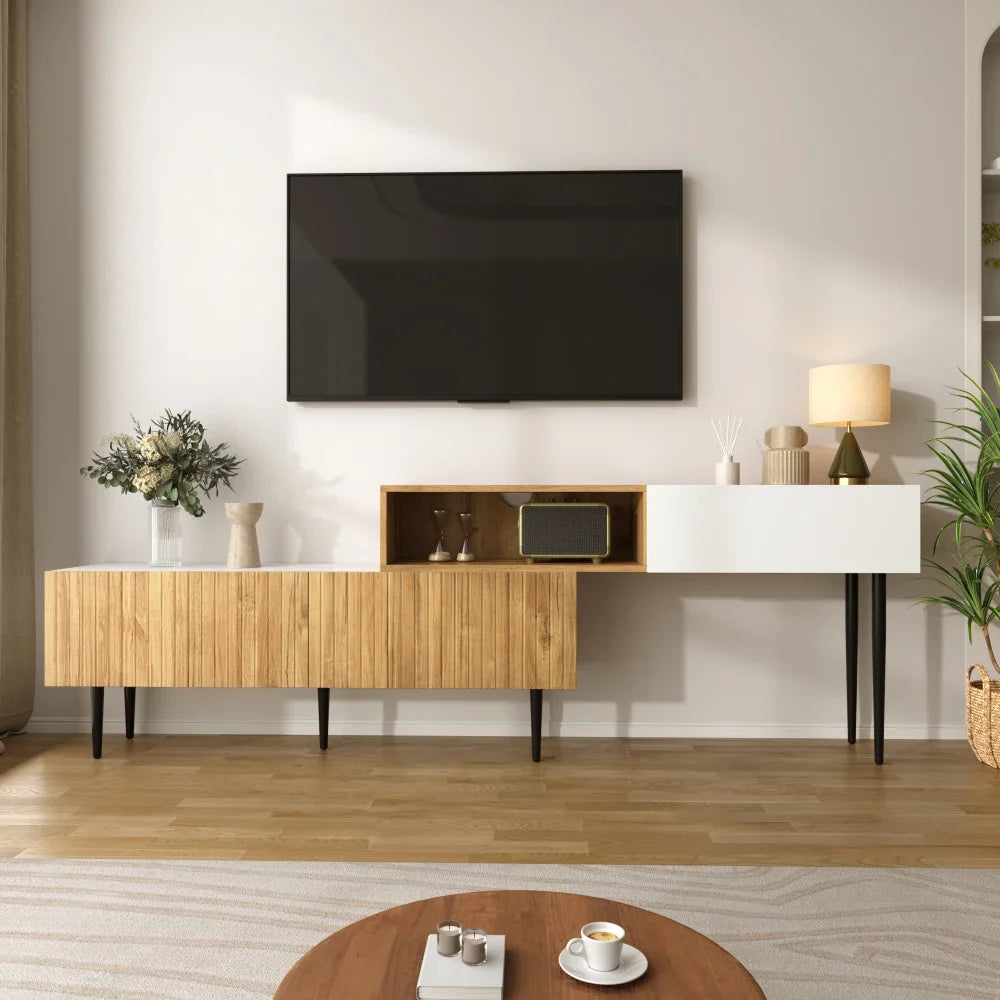 Modern TV Cabinet with Adjustable Length, Wooden Optics + White Matt
