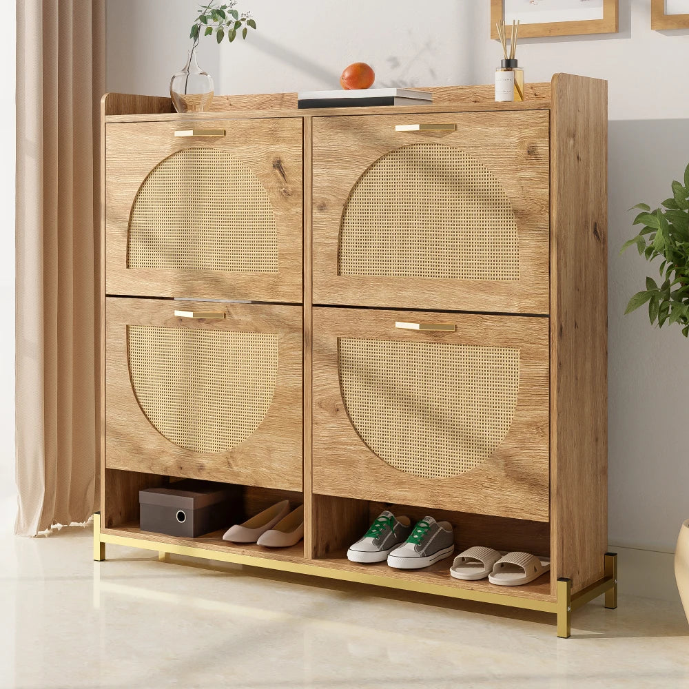 Elegant Wooden Shoe Cabinet with Rattan Doors, 4 Doors