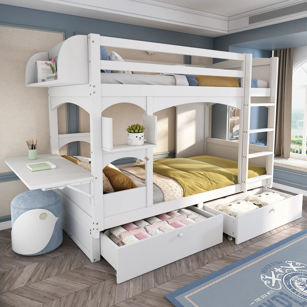 90*200 Multifunctional Children's Double Bed, with Folding Desk and Shelf