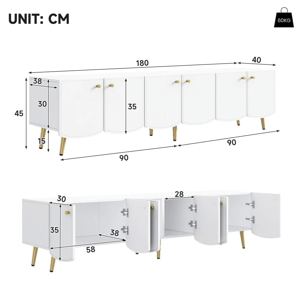 180x40x45cm Modern TV Cabinet Sideboard, White Lowboard with 6 Doors