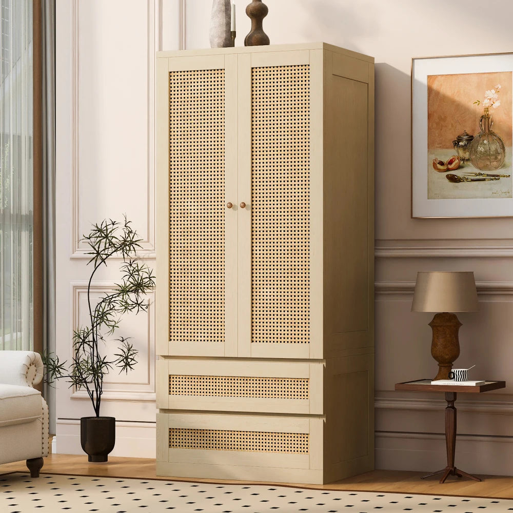 70x55x170cm Double Door Wardrobe with Artificial Rattan Doors