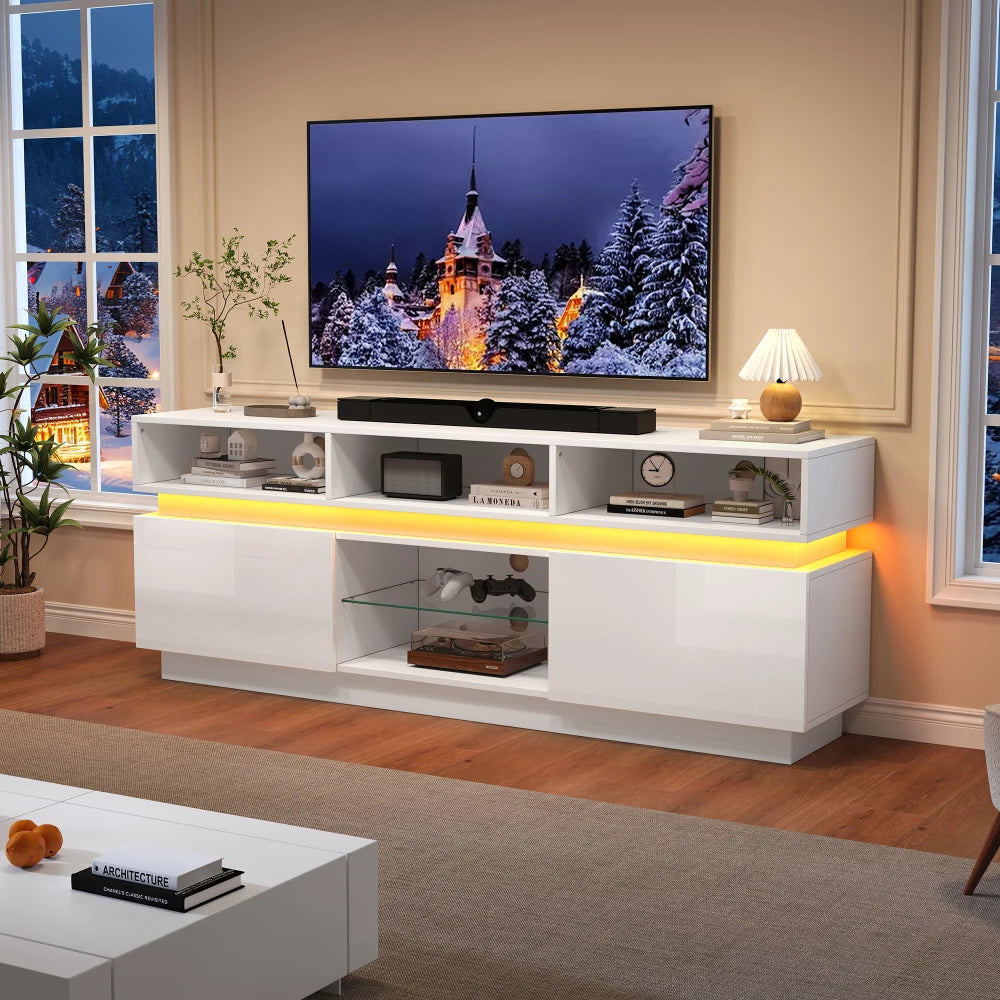 160*35*60cm TV Stand, High Gloss LED TV Cabinet with Tempered Glass Sheet