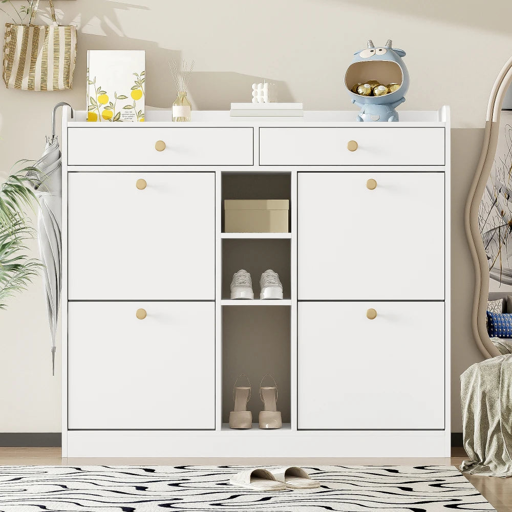 Elegant White Shoe Cabinet with 4 Folding Doors, 2 Drawers