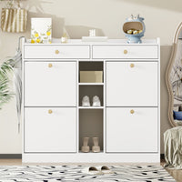 Elegant White Shoe Cabinet with 4 Folding Doors, 2 Drawers