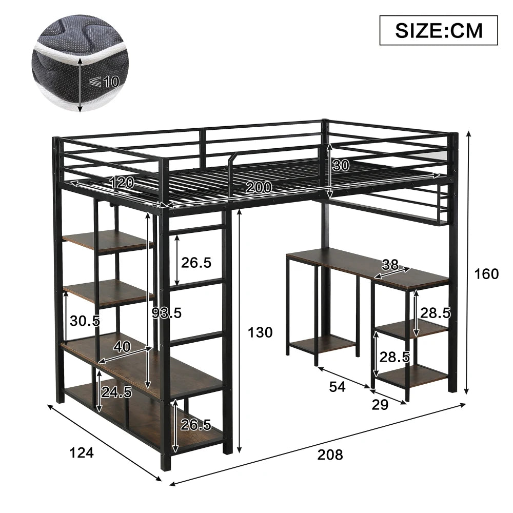 Modern Iron Bed, Bunk Bed, with Desk and Shelf, Stable Slat Grate