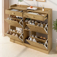 110 X 26 X 100cm Elegant Wooden Shoe Cabinet with 4 Folding Doors