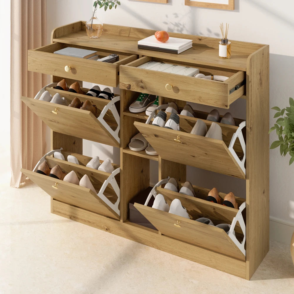 110 X 26 X 100cm Elegant Wooden Shoe Cabinet with 4 Folding Doors