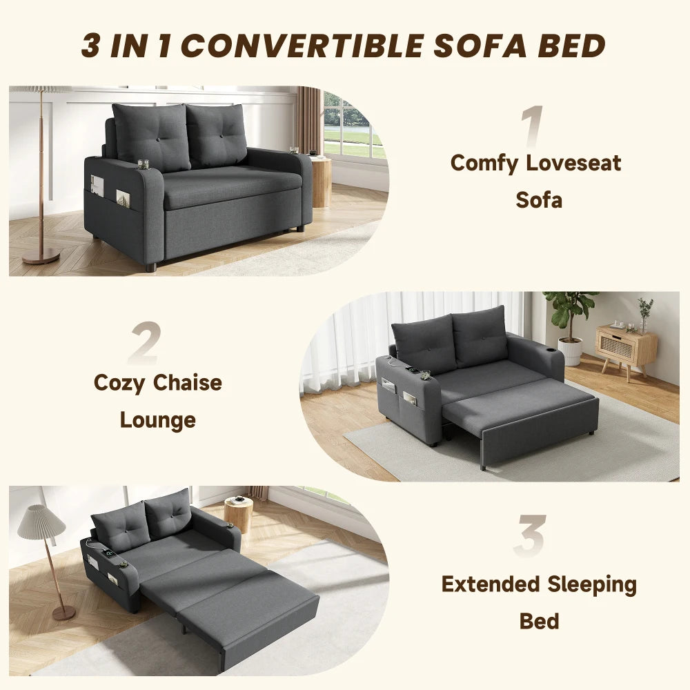 3-in-1 Pull Out Sofa Bed, Modern Double Sofa with Sleep Function