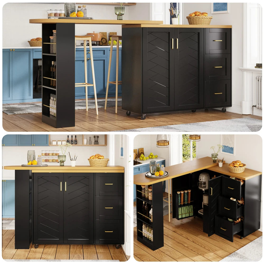 135-228x39x104cm Extendable Bar Cart with 2 Doors & 3 Drawers, Rollable