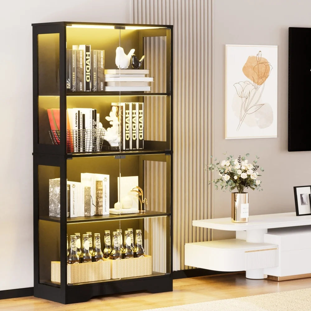 Four-storey Glass Showcase with Storage Space, LED Lighting