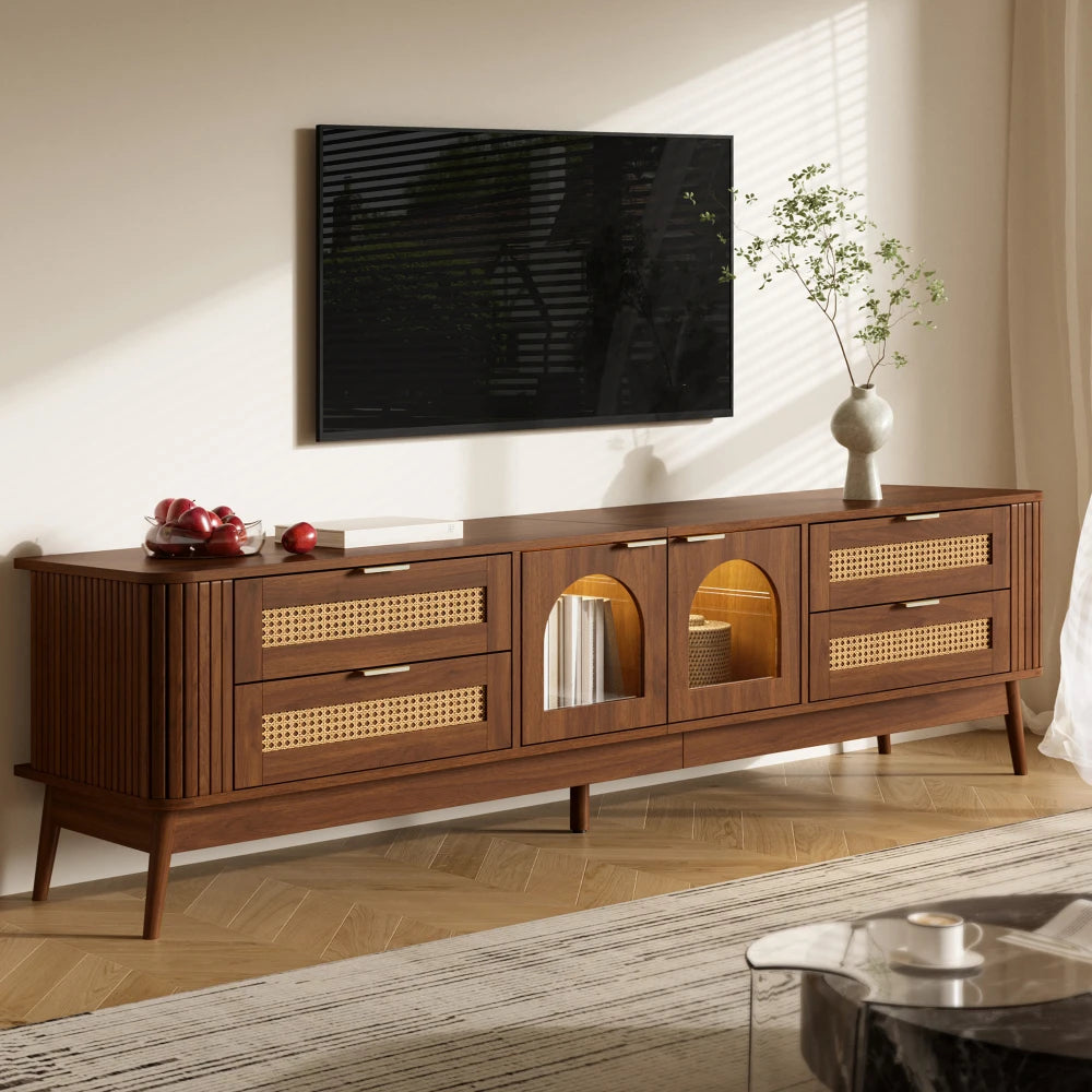 180x40x50cm Modern TV Stand with Curved Sliding Glass Doors & Solid Wood Legs